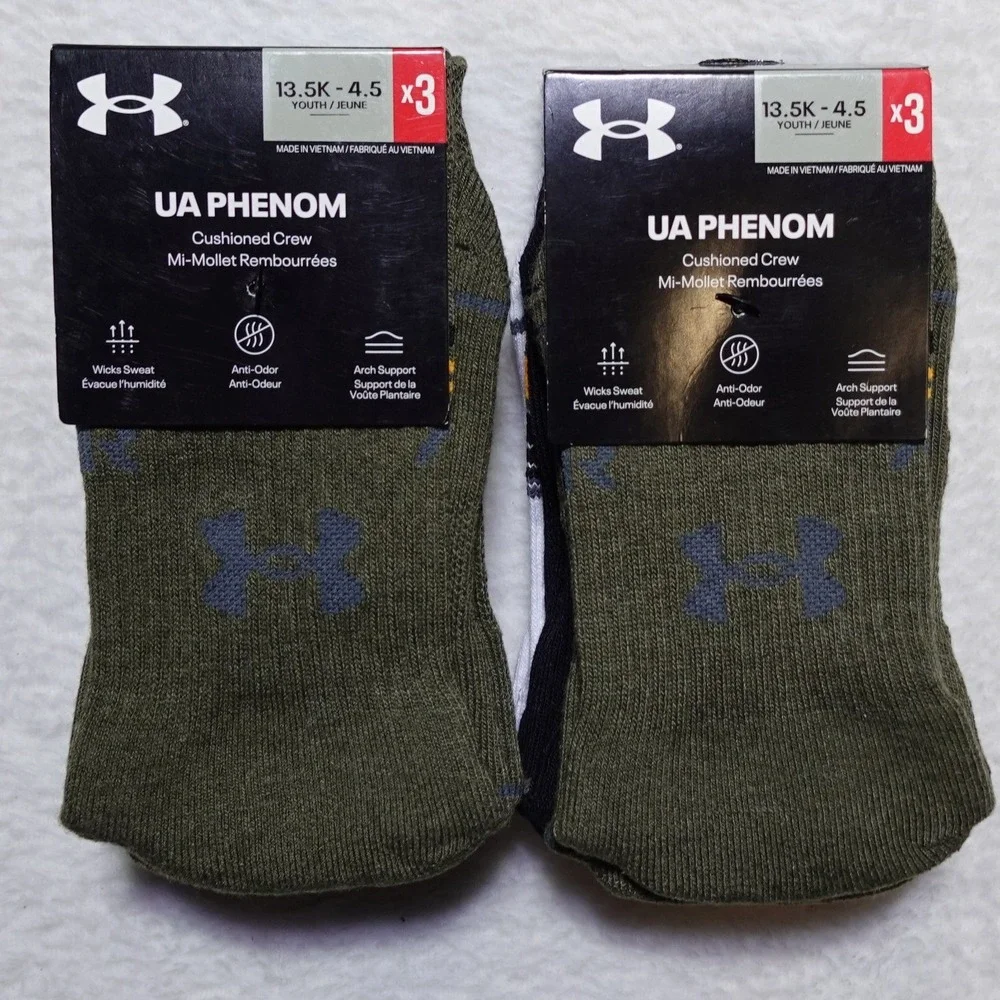 PACK OF 2 Under Armour UA Phenom Crew Socks Youth 13.5K-4.5 3-Pack Each